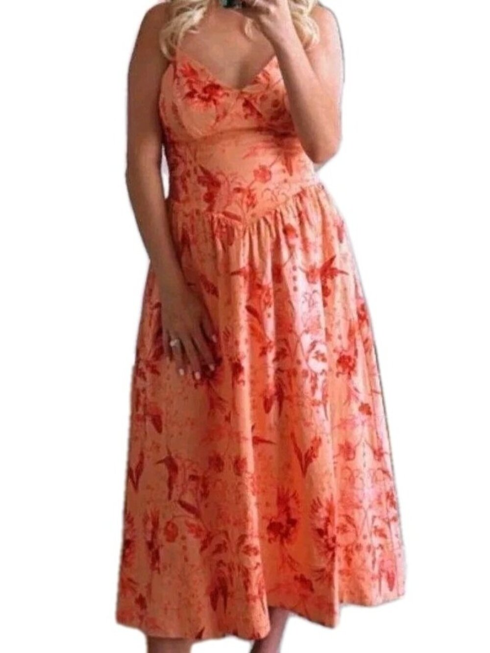 NWT HOUSE OF HARLOW 1960 LINEN FLORAL SPAGHETTI STRAPS MIDI DRESS PEACH LARGE - Picture 1 of 10